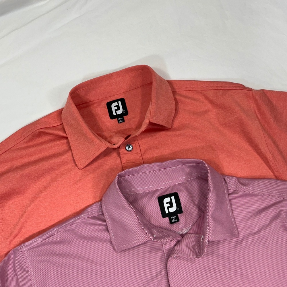 Lot of 2 FootJoy Mens Golf Polo Shirts Coral Heather Pink Stripe Size Large